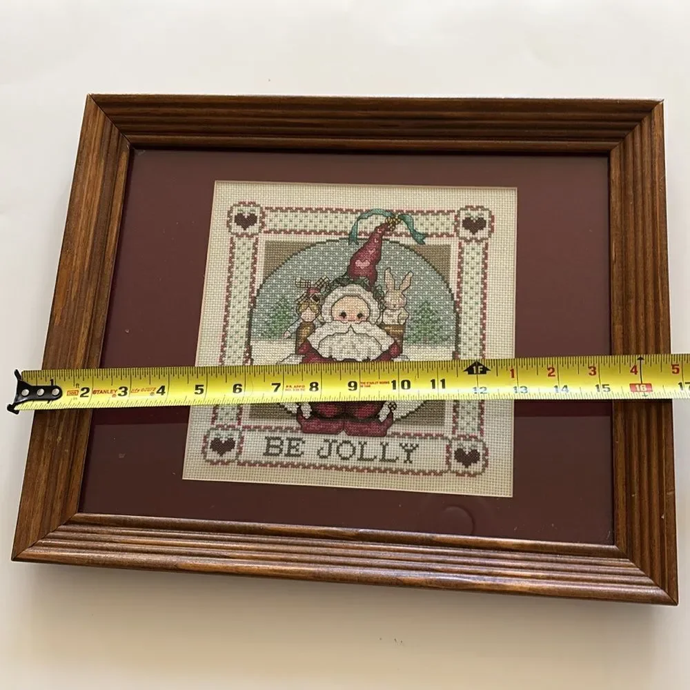 Vintage Christmas Santa Cross Stitch Framed Art Matted picture wall‎ hanging